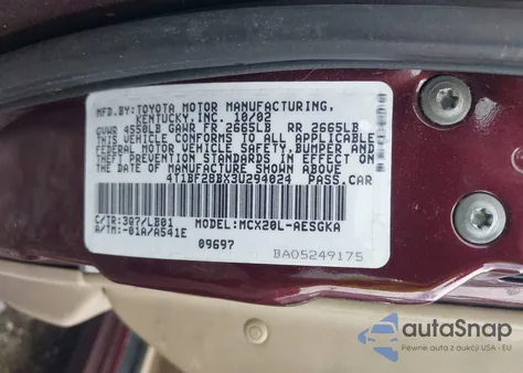 2003 Toyota Avalon Xl/Xls z USA, uszkodzony, nr VIN 4T1BF28BX3U294024